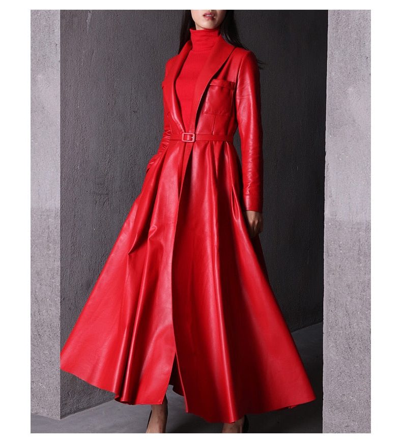 Liora Women's Leather Trench Coat – Double-Breasted Belted Maxi Outerwear 1