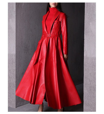 Liora Women's Leather Trench Coat – Double-Breasted Belted Maxi Outerwear 1