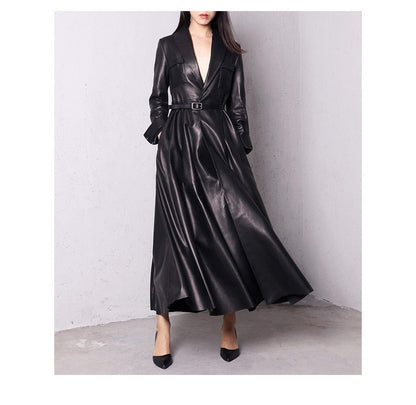 Liora Women's Leather Trench Coat – Double-Breasted Belted Maxi Outerwear 3