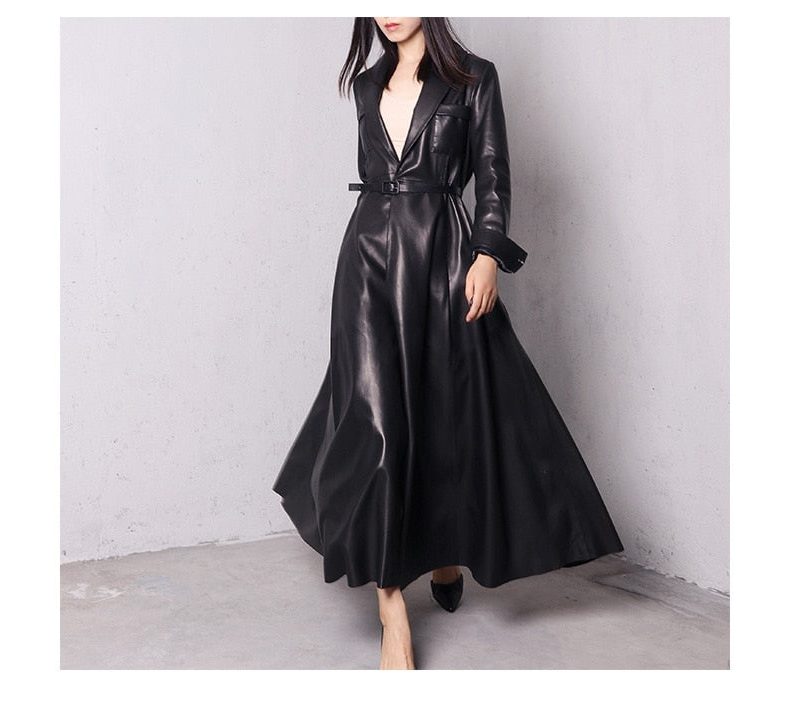 Liora Women's Leather Trench Coat – Double-Breasted Belted Maxi Outerwear 4