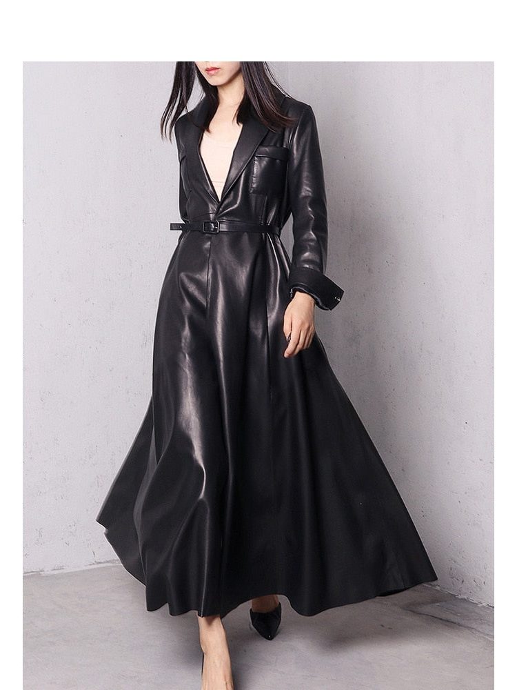 Liora Women's Leather Trench Coat – Double-Breasted Belted Maxi Outerwear 5