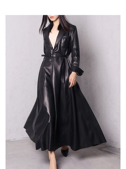 Liora Women's Leather Trench Coat – Double-Breasted Belted Maxi Outerwear 5