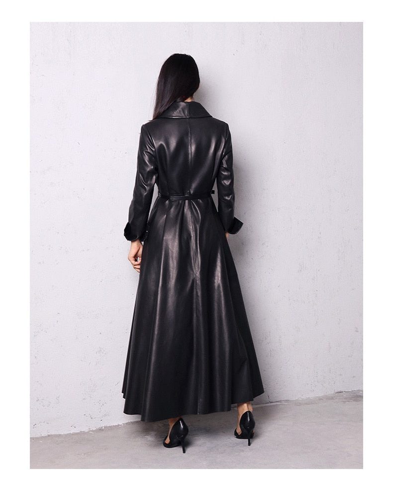 Liora Women's Leather Trench Coat – Double-Breasted Belted Maxi Outerwear 6