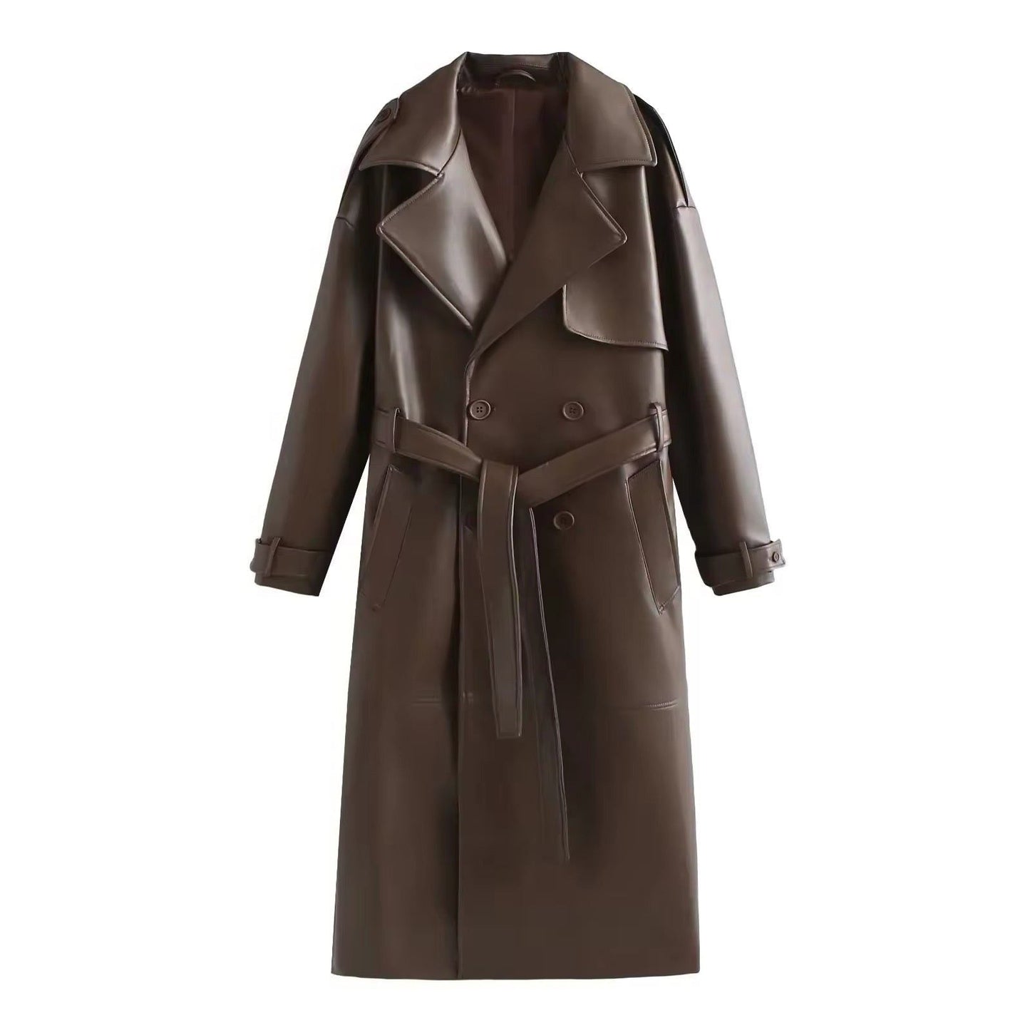 Liora Women's Leather Trench Coat – Double-Breasted Stylish Outerwear 0