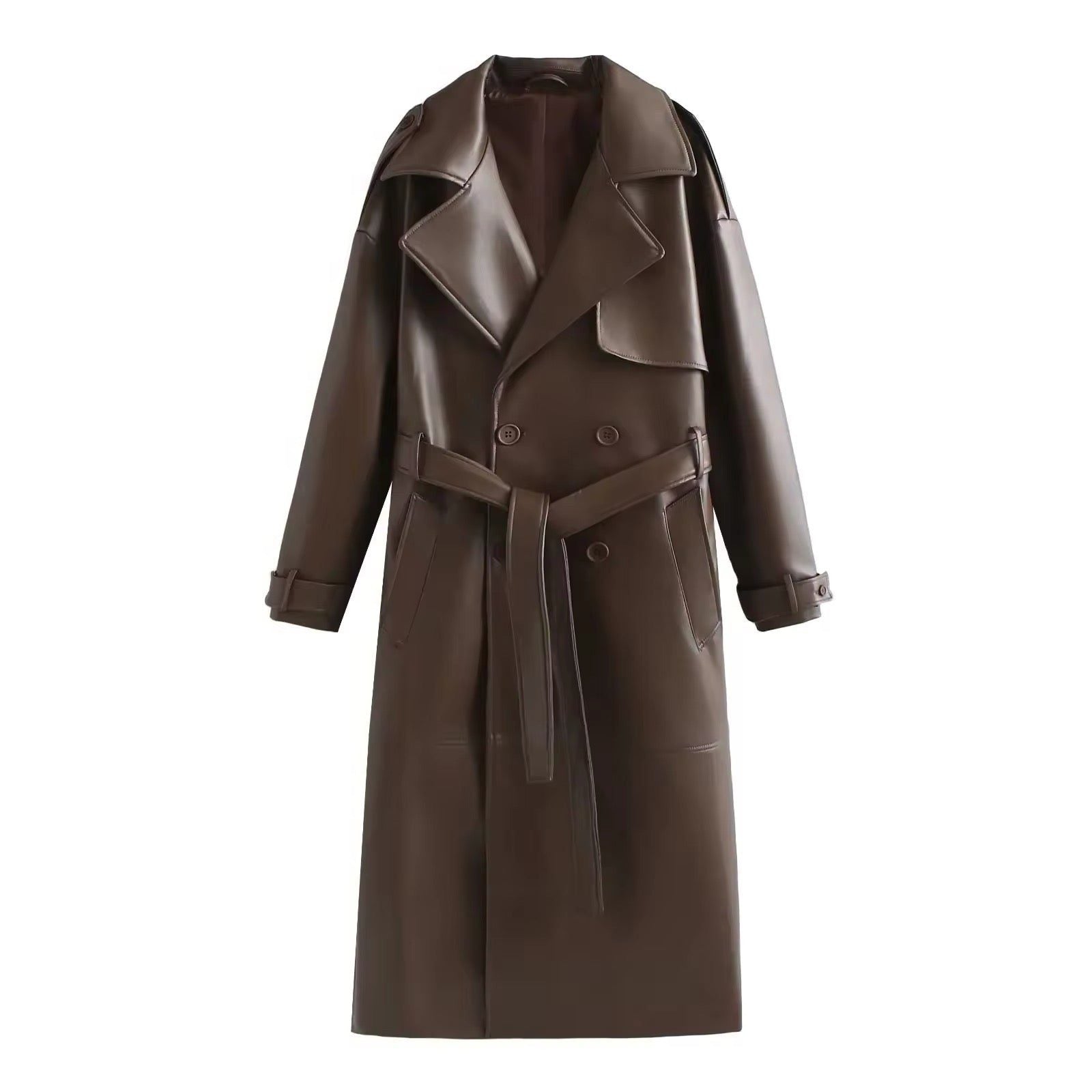 Liora Women's Leather Trench Coat – Double-Breasted Stylish Outerwear 0