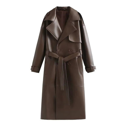 Liora Women's Leather Trench Coat – Double-Breasted Stylish Outerwear 0
