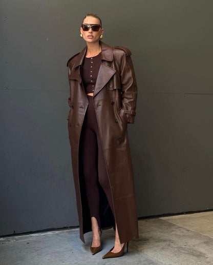 Liora Women's Leather Trench Coat – Double-Breasted Stylish Outerwear 1