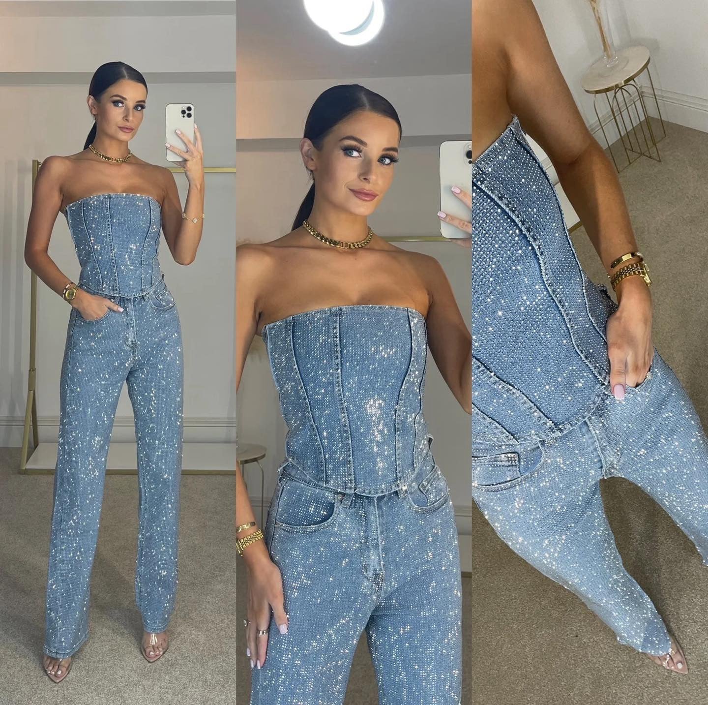 Liora Women's Outfit – Glitter Strapless Crop Top and Jeans Set 2