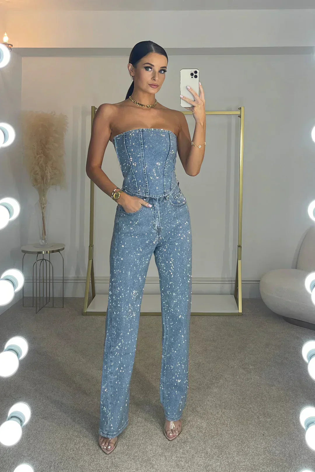 Liora Women's Outfit – Glitter Strapless Crop Top and Jeans Set 3