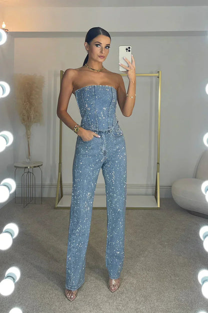 Liora Women's Outfit – Glitter Strapless Crop Top and Jeans Set 3