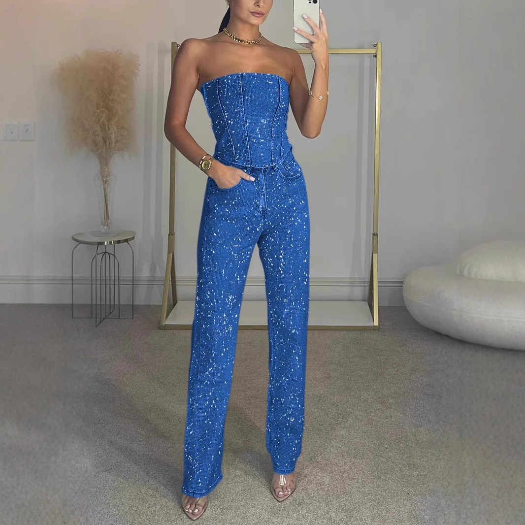 Liora Women's Outfit – Glitter Strapless Crop Top and Jeans Set 9