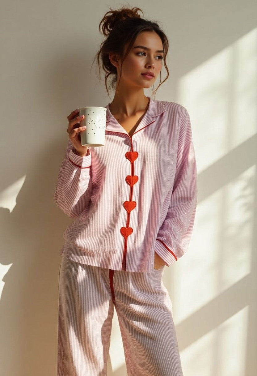 Liora Women's Pajama Set – Heart Button Detail Cozy Lounge Wear 0