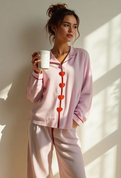 Liora Women's Pajama Set – Heart Button Detail Cozy Lounge Wear 0