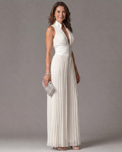 Liora Women's Pleated Halterneck Jumpsuit – Elegant Wide Leg Silhouette 1