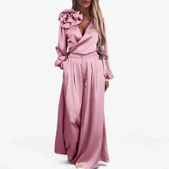 Liora Women's Silk Two-Piece Set – V-Neck Elegance for Effortless Style 0