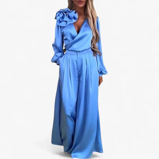 Liora Women's Silk Two-Piece Set – V-Neck Elegance for Effortless Style 1