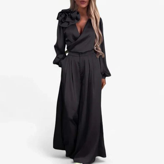 Liora Women's Silk Two-Piece Set – V-Neck Elegance for Effortless Style 2