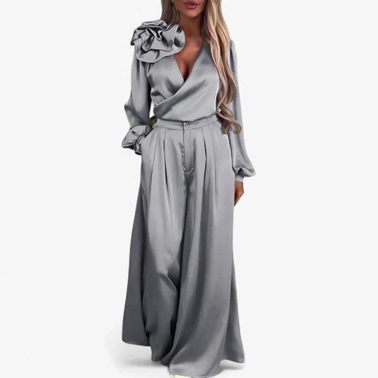 Liora Women's Silk Two-Piece Set – V-Neck Elegance for Effortless Style 5