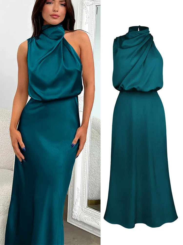 Luna Damen Satin-Midikleid – Asymmetrischer Ausschnitt für Festliche Anlässe 2