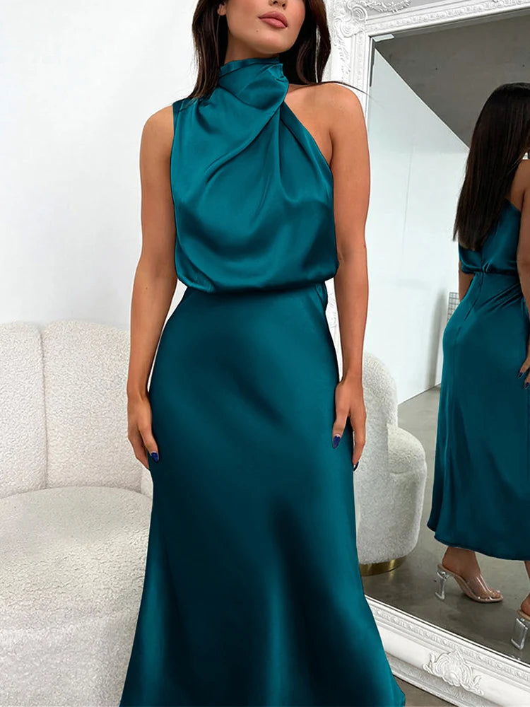 Luna Damen Satin-Midikleid – Asymmetrischer Ausschnitt für Festliche Anlässe 3