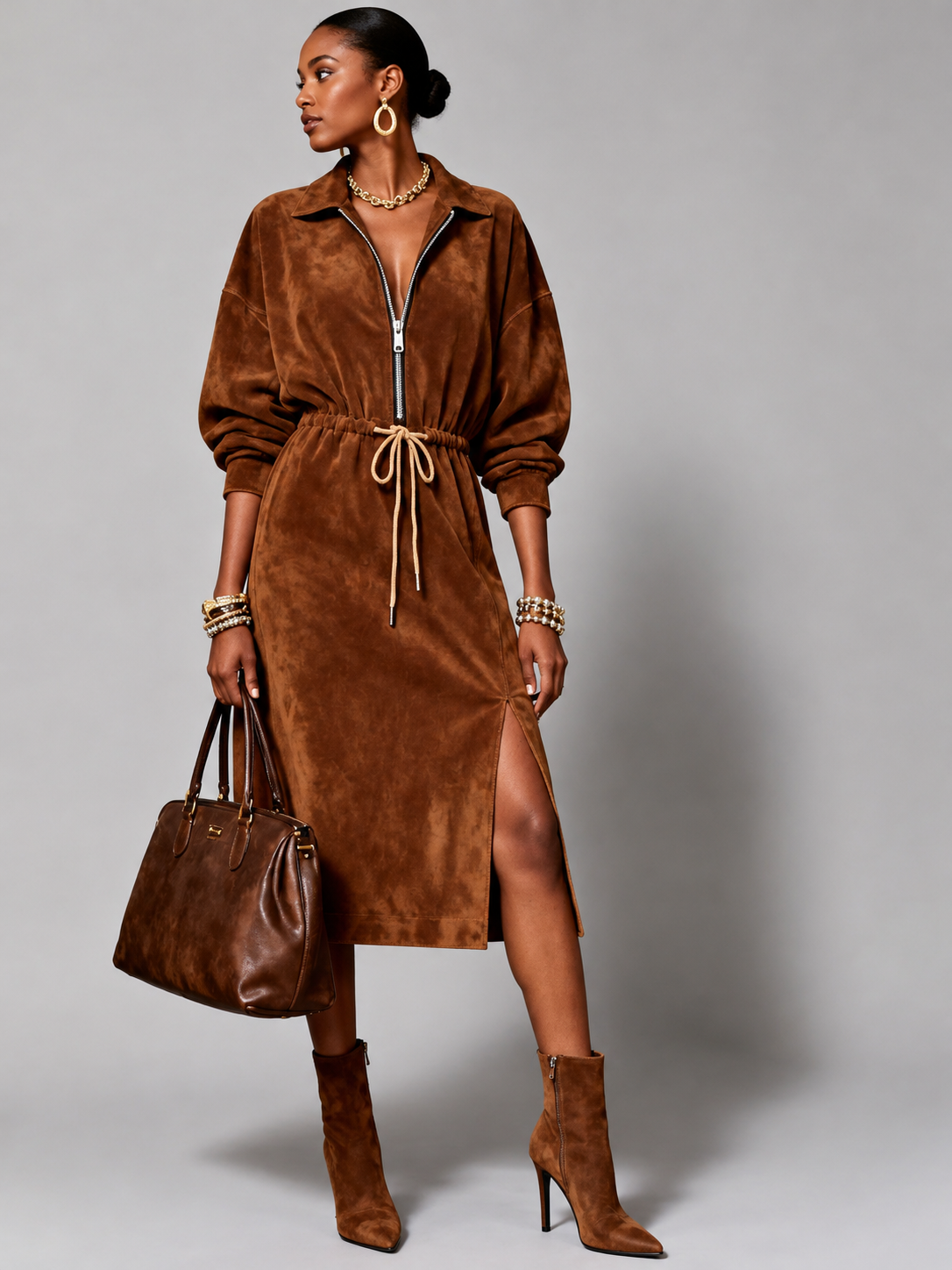 Luna Women's Midi Shirt Dress – Suede Zip-Up Style and Comfort 1