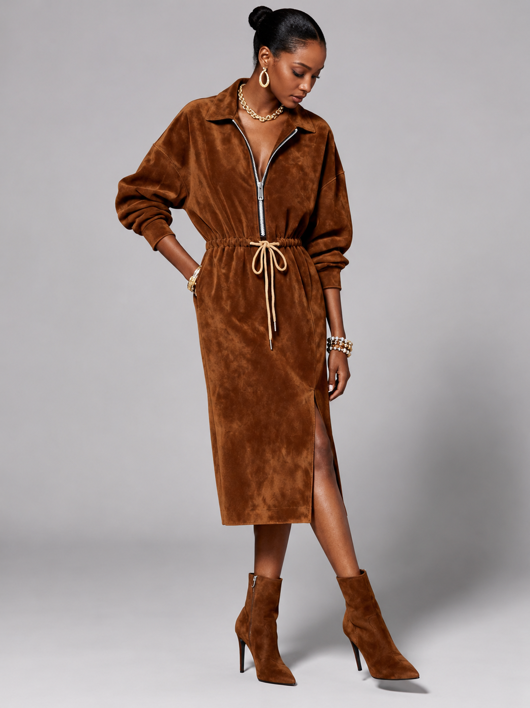 Luna Women's Midi Shirt Dress – Suede Zip-Up Style and Comfort 3
