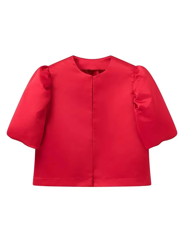 Luna Women's Satin Blouse – Chic Puff Sleeve Top for Elegant Office Style 11