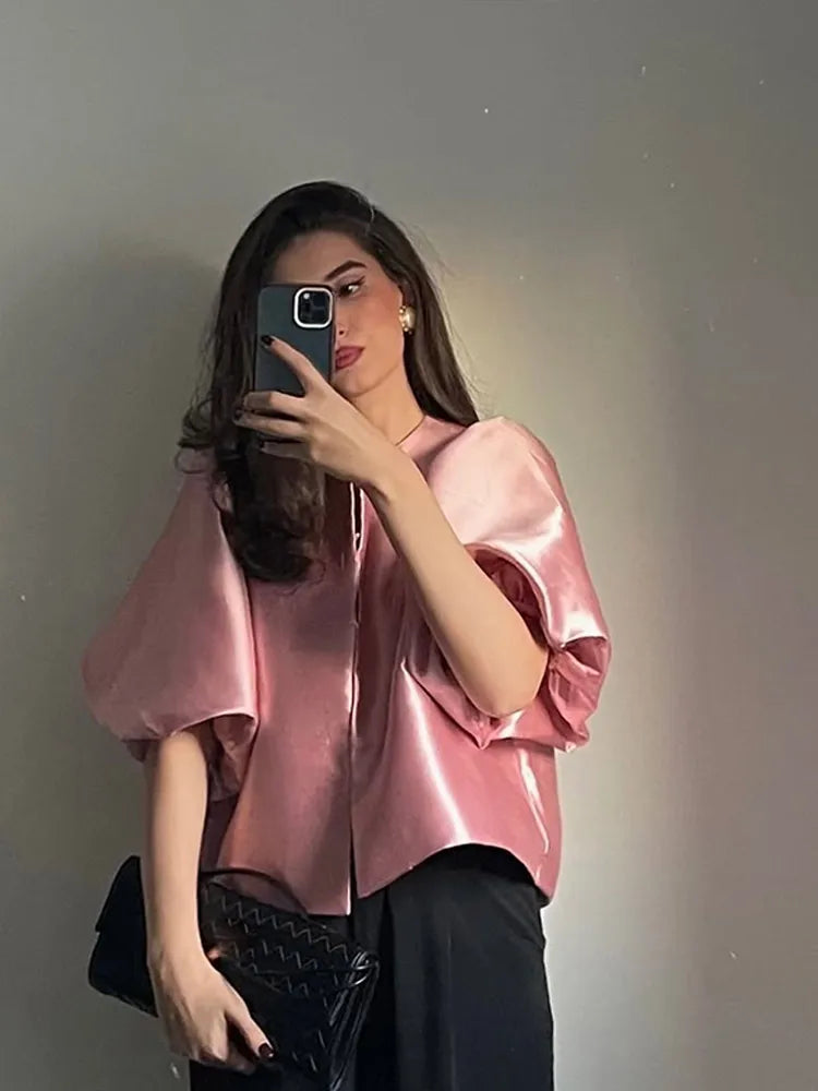 Luna Women's Satin Blouse – Chic Puff Sleeve Top for Elegant Office Style 4