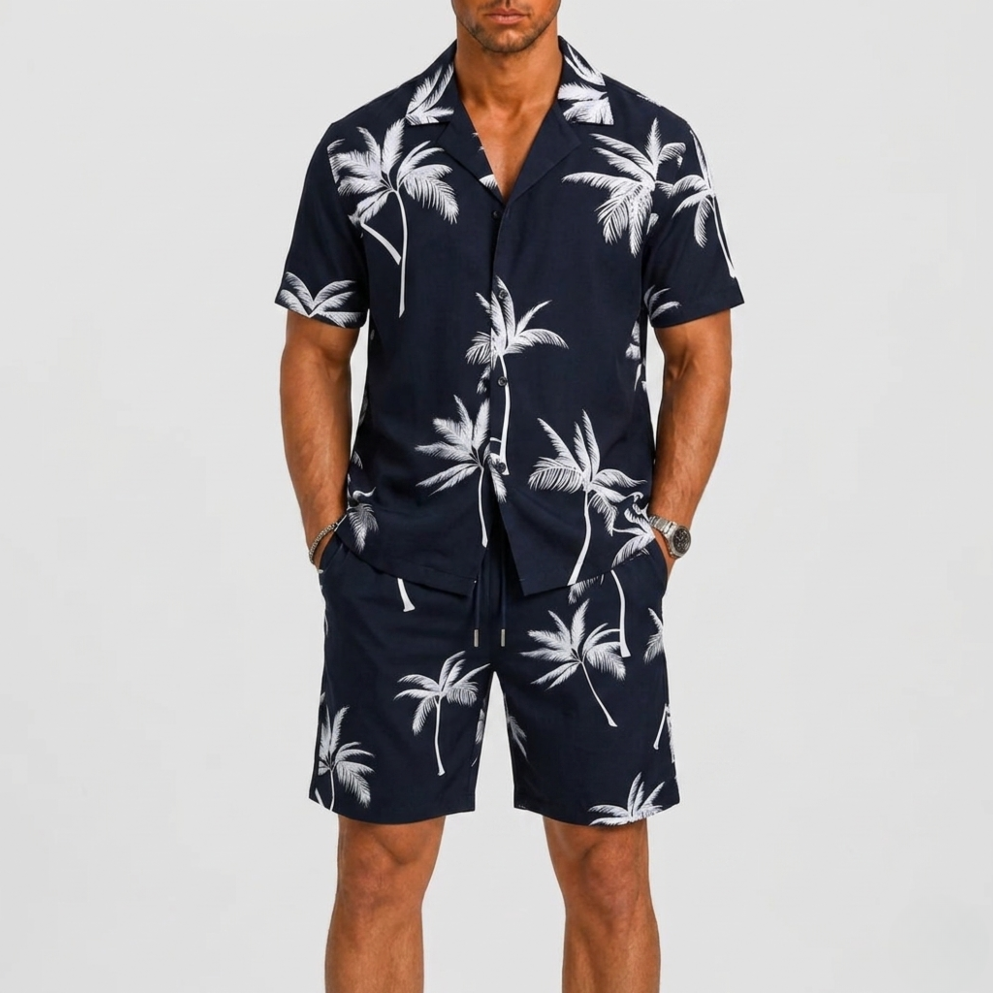 Lunelle Men's Summer Set Casual Outfit – Palm Print Comfort for Warm Days 2
