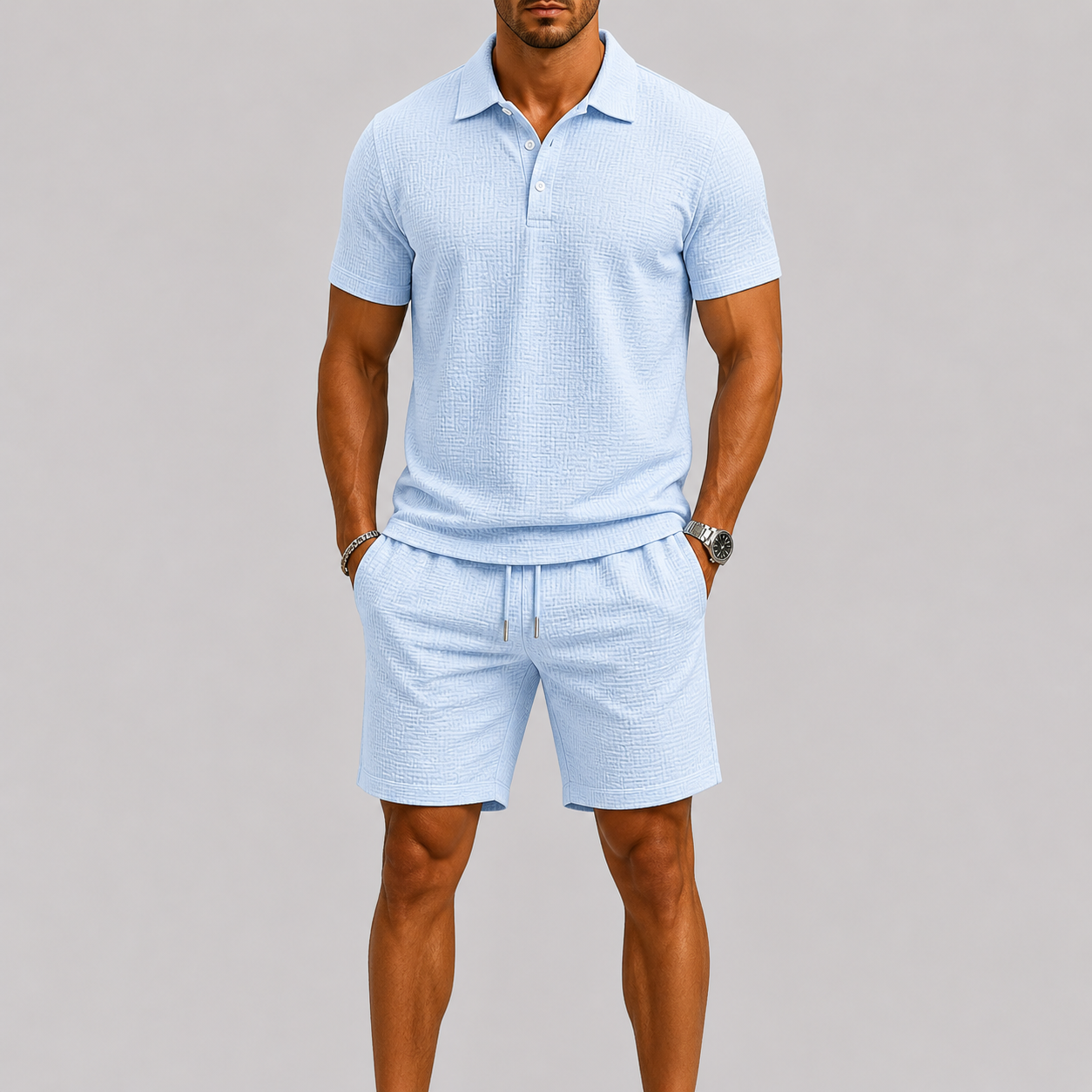 Lunelle Men's Summer Set – Lightweight Jacquard Shirt & Shorts 4