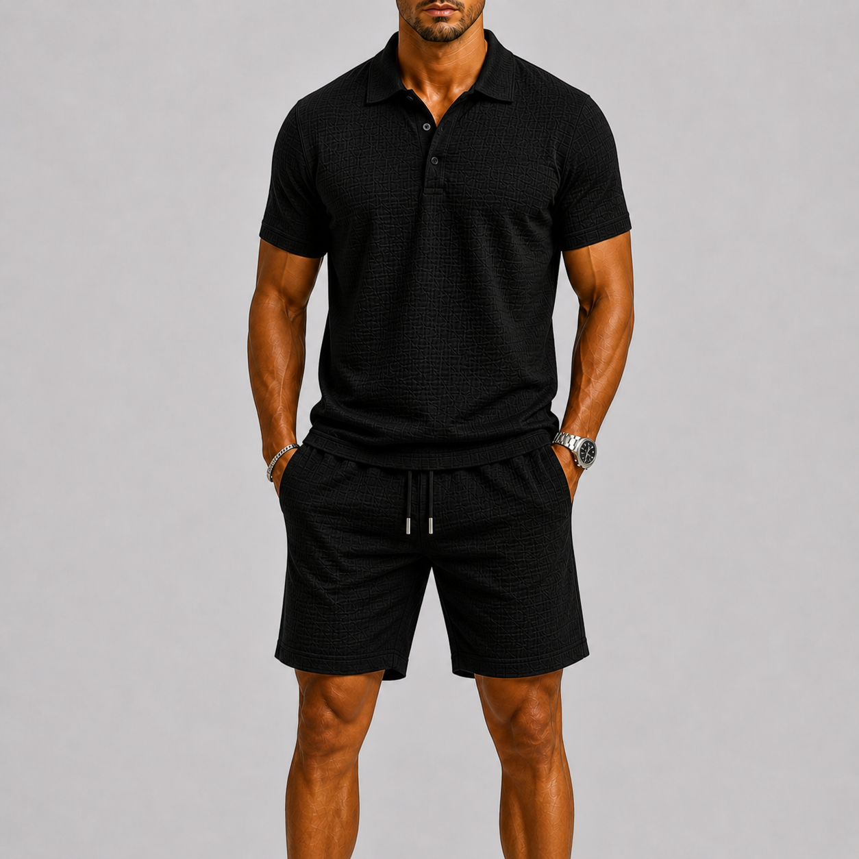 Lunelle Men's Summer Set – Lightweight Jacquard Shirt & Shorts 6