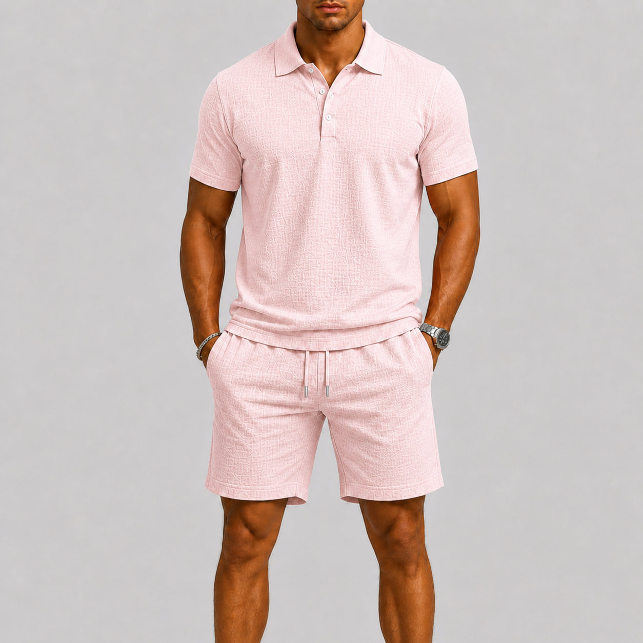 Lunelle Men's Summer Set – Lightweight Jacquard Shirt & Shorts 7