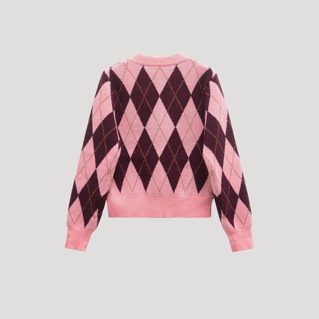 Cardigan Women - Cropped Argyle Knit Cardigan with Button Front