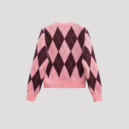 Cardigan Women - Cropped Argyle Knit Cardigan with Button Front