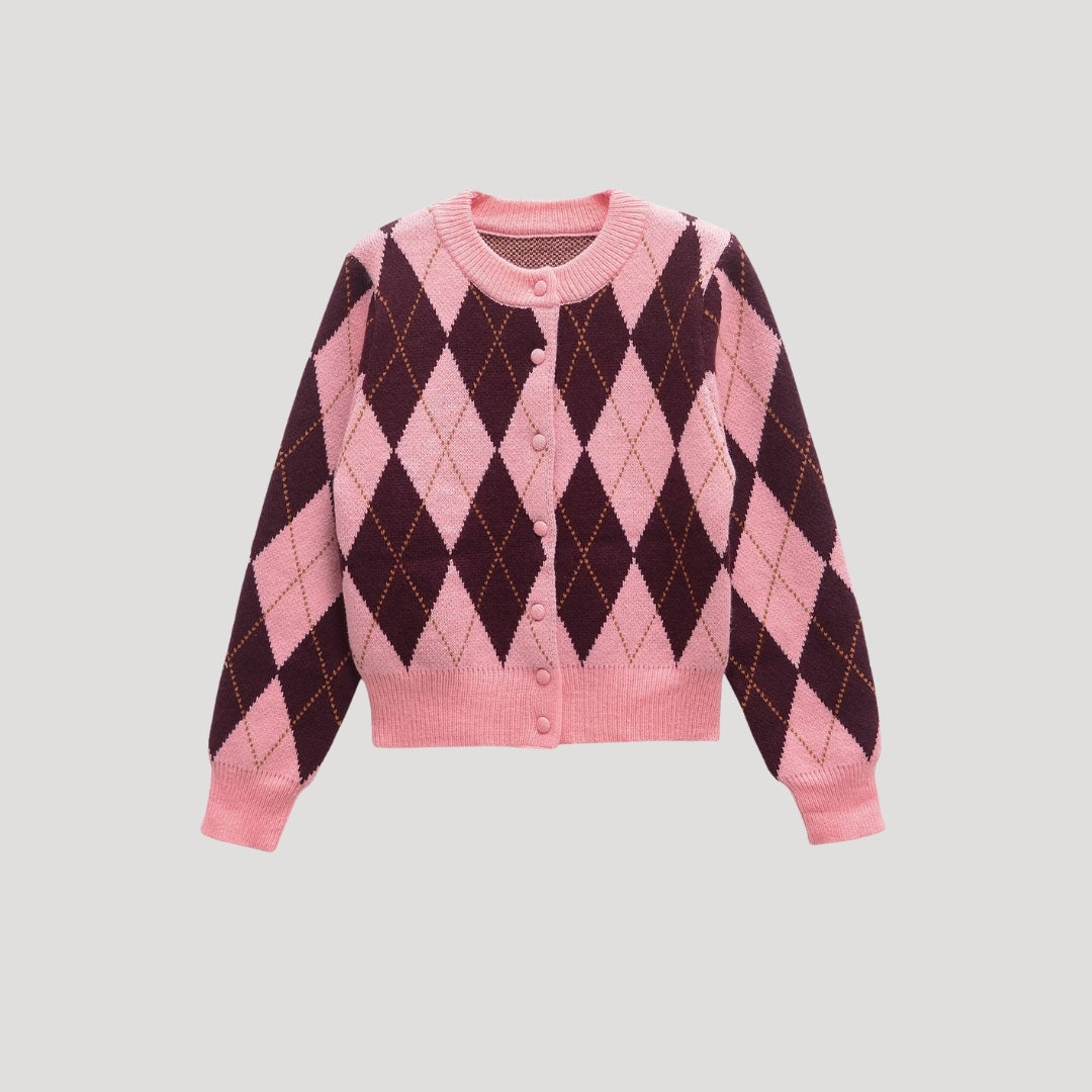 Cardigan Women - Cropped Argyle Knit Cardigan with Button Front