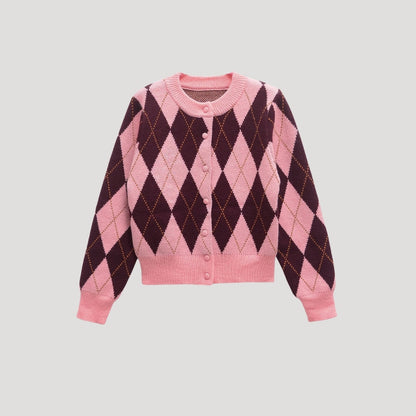 Cardigan Women - Cropped Argyle Knit Cardigan with Button Front