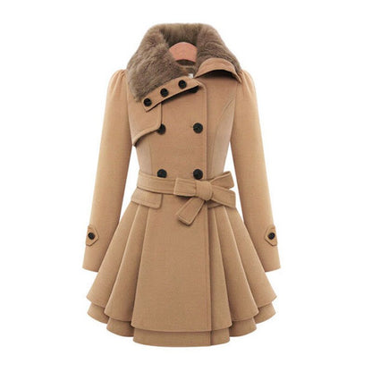 Coat Women - Double Breasted Coat with Faux Fur Collar