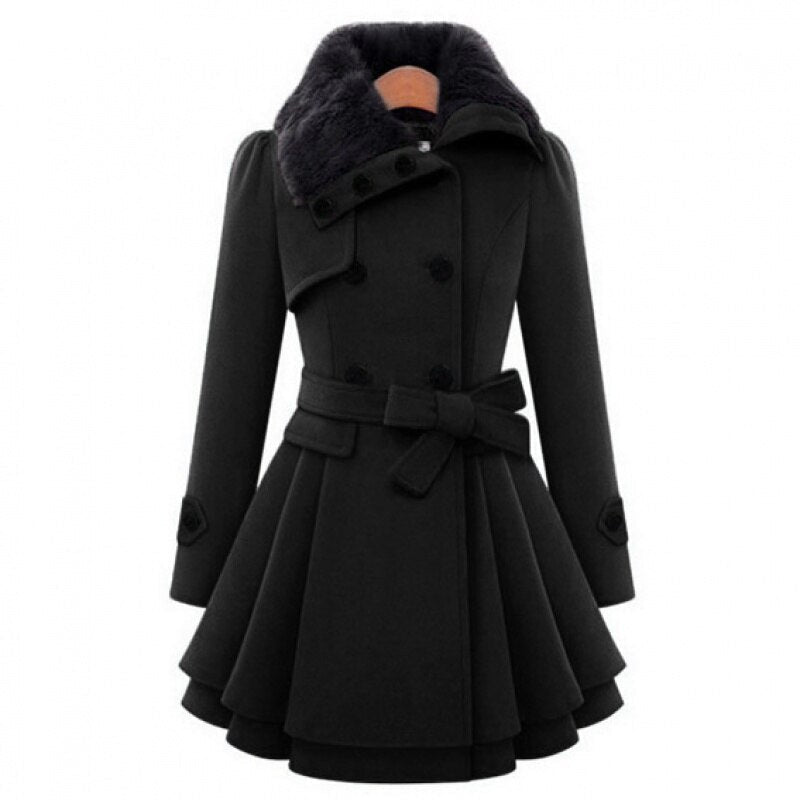 Coat Women - Double Breasted Coat with Faux Fur Collar