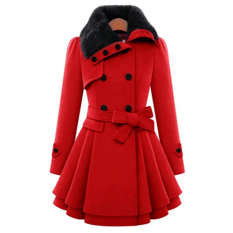 Coat Women - Double Breasted Coat with Faux Fur Collar