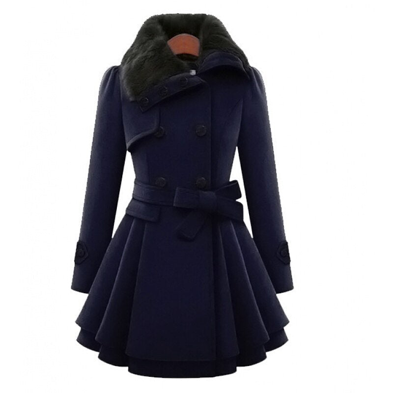 Coat Women - Double Breasted Coat with Faux Fur Collar