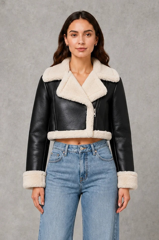 Niora Women's Cropped Jacket – Faux Fur Collar Stylish Winter Layer 0