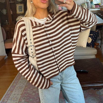 Niora Women's Long Cardigan – Cozy Striped Knitwear for Autumn 4