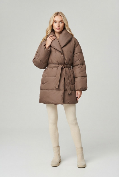 Coat Women - Belted Puffer Coat with Shawl Collar