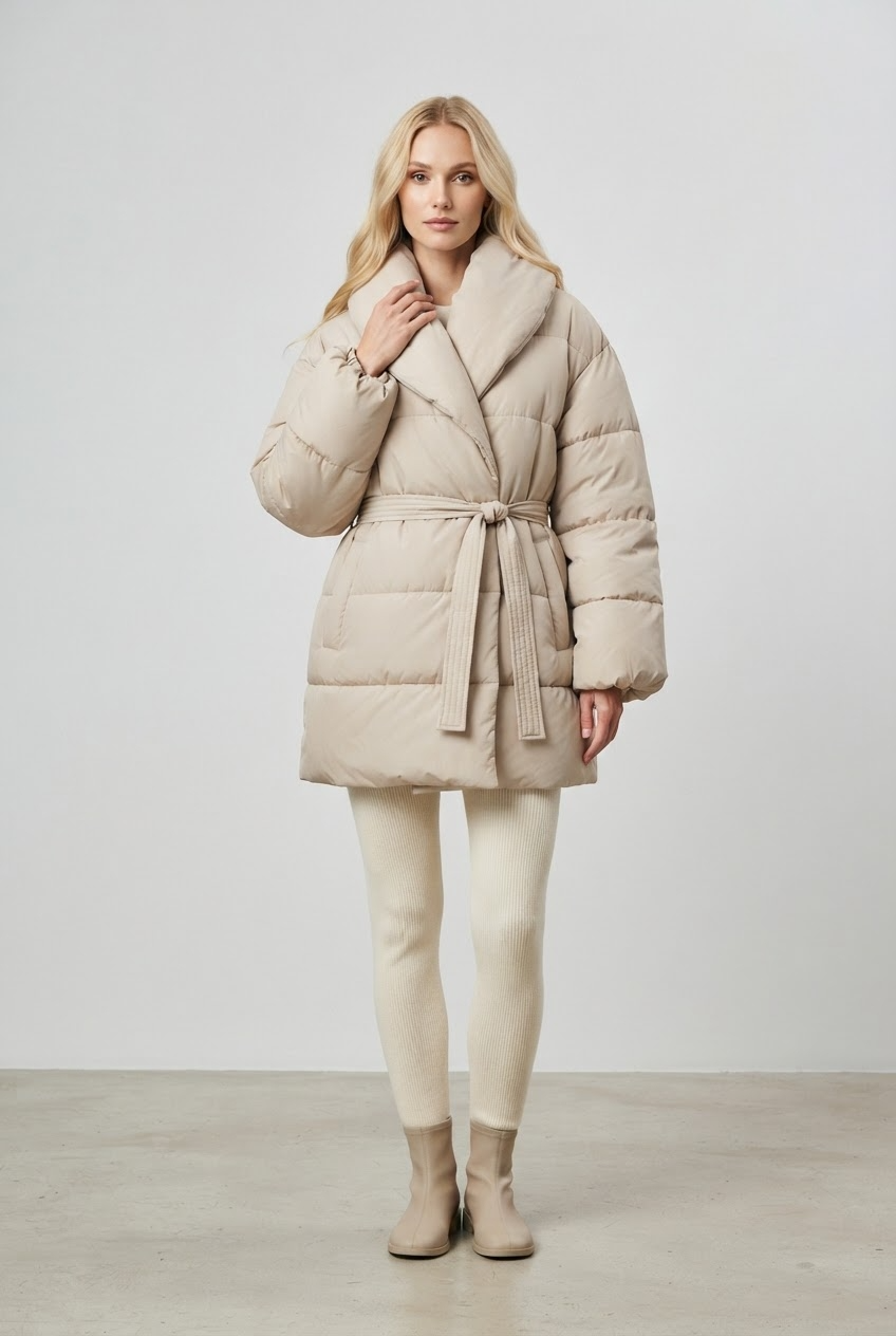 Coat Women - Belted Puffer Coat with Shawl Collar