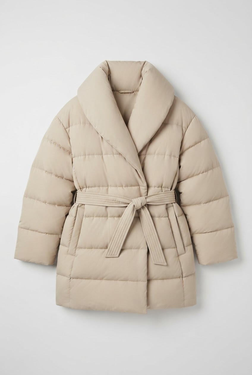 Coat Women - Belted Puffer Coat with Shawl Collar