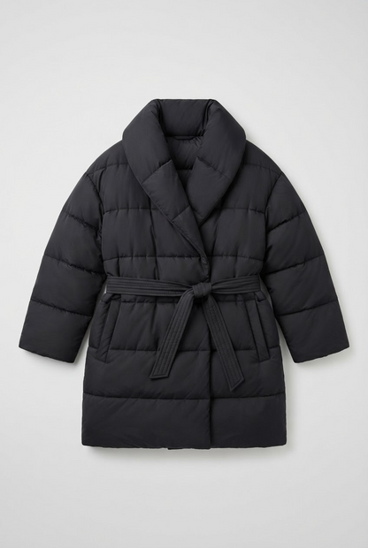 Coat Women - Belted Puffer Coat with Shawl Collar