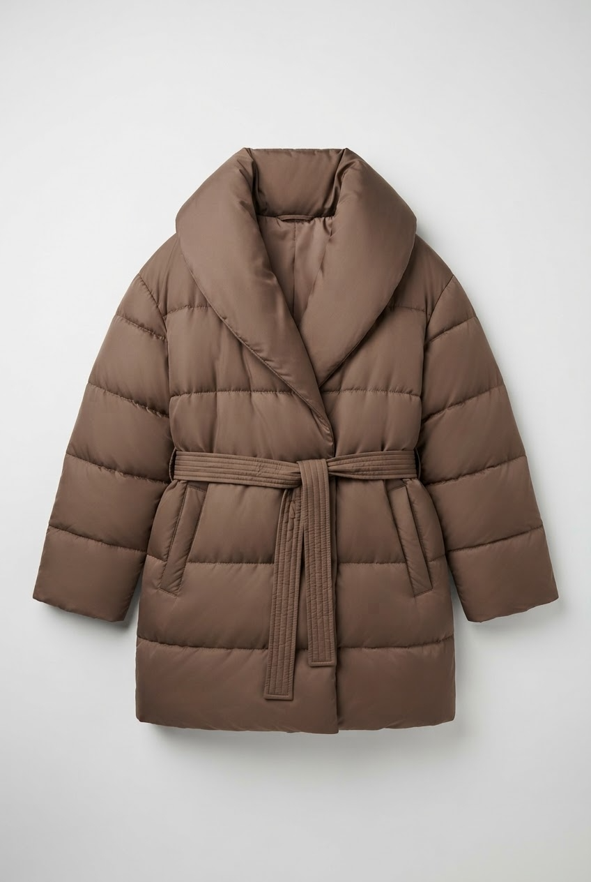 Coat Women - Belted Puffer Coat with Shawl Collar