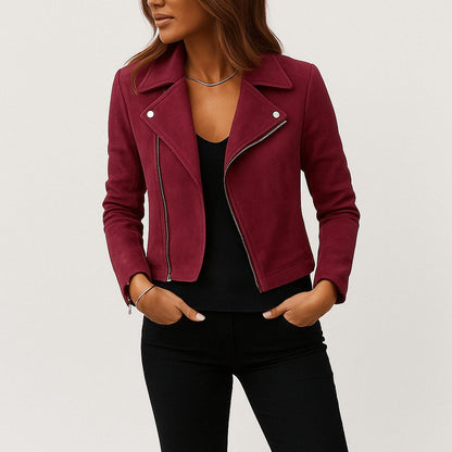 Sarelle Women's Cropped Biker Jacket – Asymmetric Zip Edgy Style 8