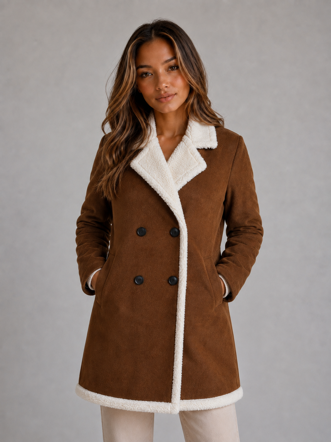 Serenelle Women's Longline Shearling Coat – Suede Look Warmth for Winter 2