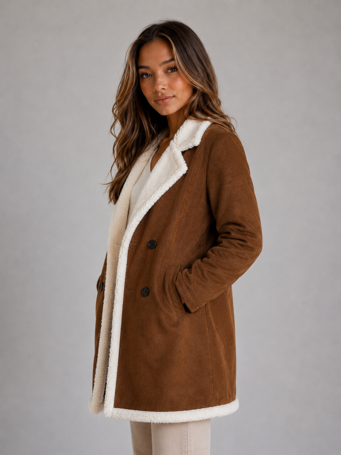 Serenelle Women's Longline Shearling Coat – Suede Look Warmth for Winter 3